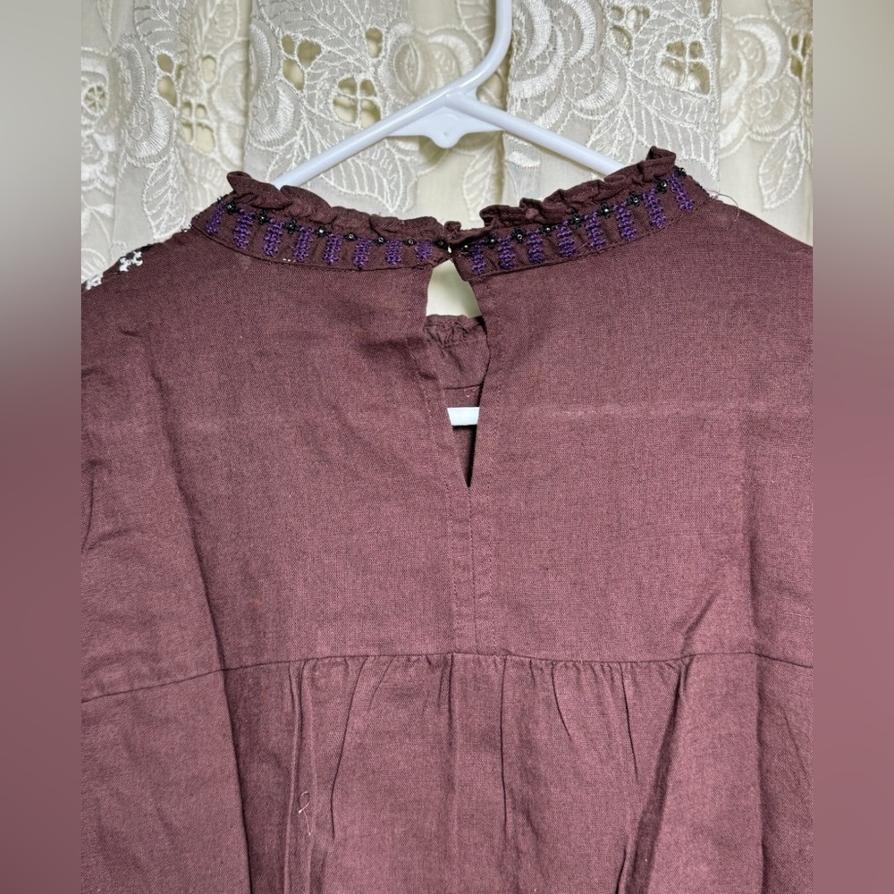 Zara Embroidered & Beaded Long-Sleeve Tunic - Brown with White & Purple Accents - Picture 3 of 13